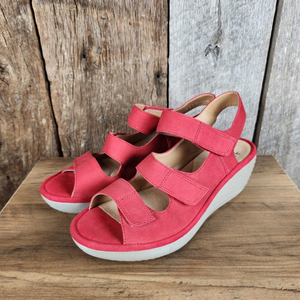 Clarks Sandals Collection Reedly Juno Red Nubuck Leather Wedge Womens 8W Wide